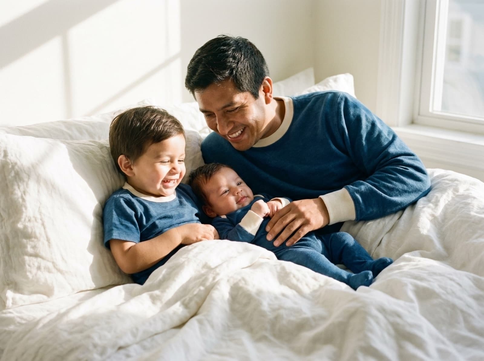 Padre en la cama con su hijo pequeño y su bebé, los tres con las prendas a juego en tono añil con ribetes crema.