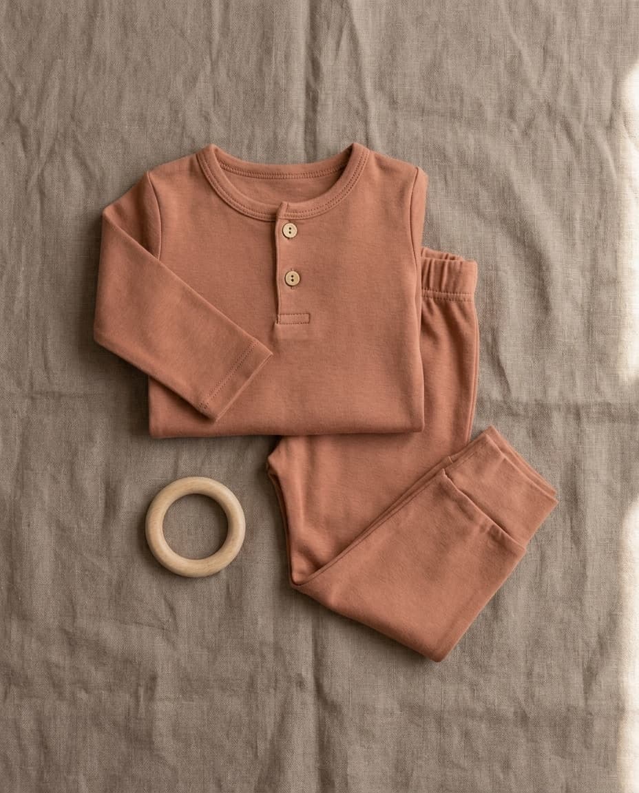 Set de camiseta henley y pantalón harem de bebé en algodón Pima en tono arcilla.