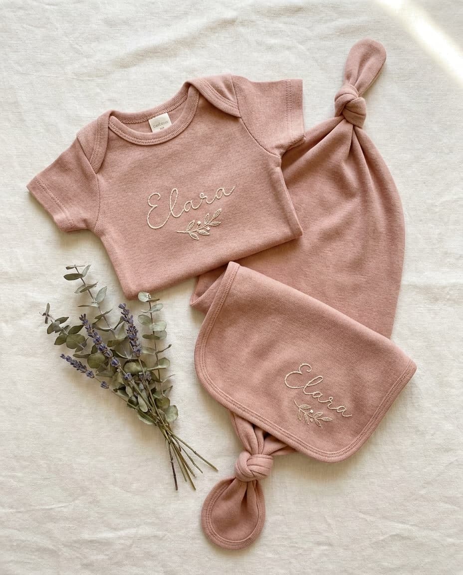 Set de body, gorro y babero de bebé en algodón Pima en tono rosa palo, con nombre bordado.